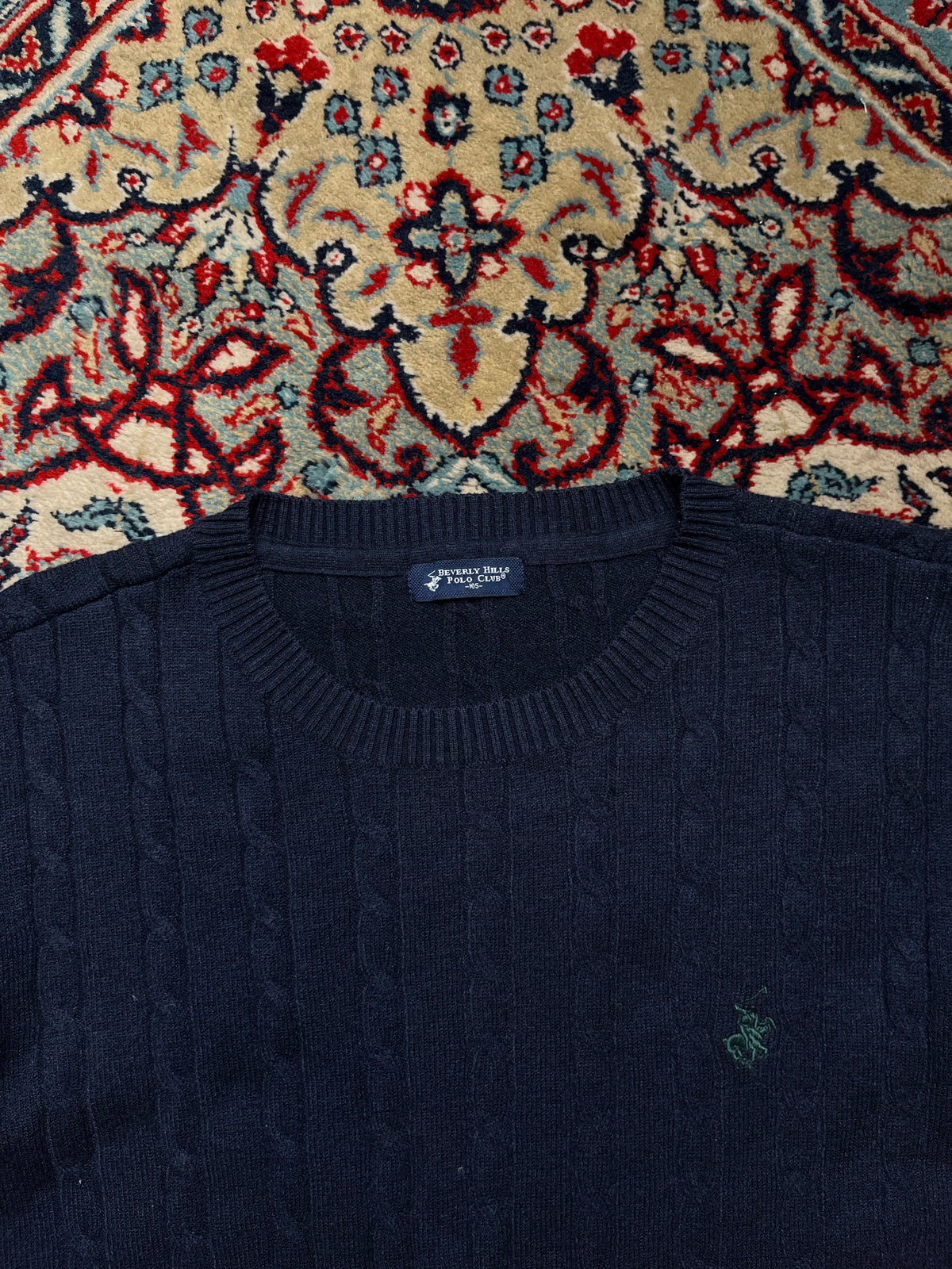 Beverly Hills Polo Club Navy Blue Cable Knit Crewneck Sweater - L
