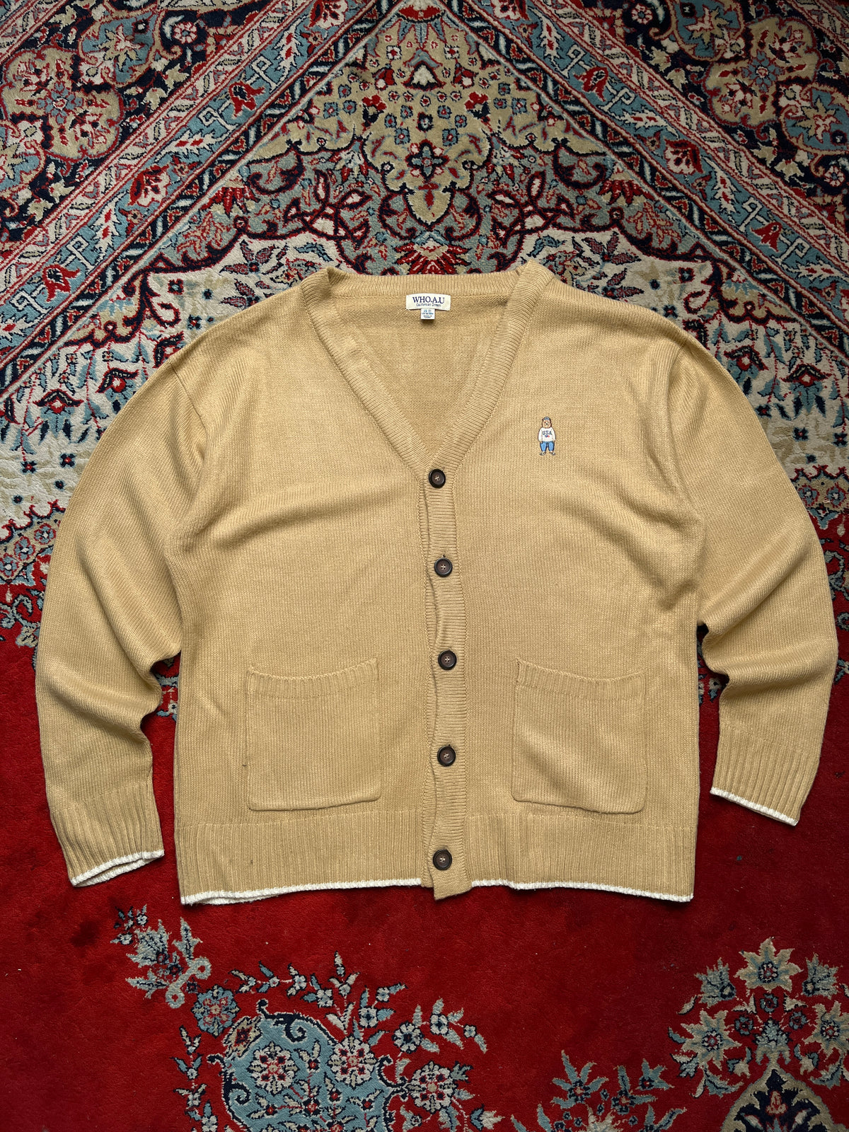 WHO.A.U Californian Dream Beige Steve Bear Embroidered Button Front Knit Cardigan - L