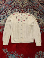 Vintage Women Cream Floral Embroidered Pointelle Knit Cardigan - M