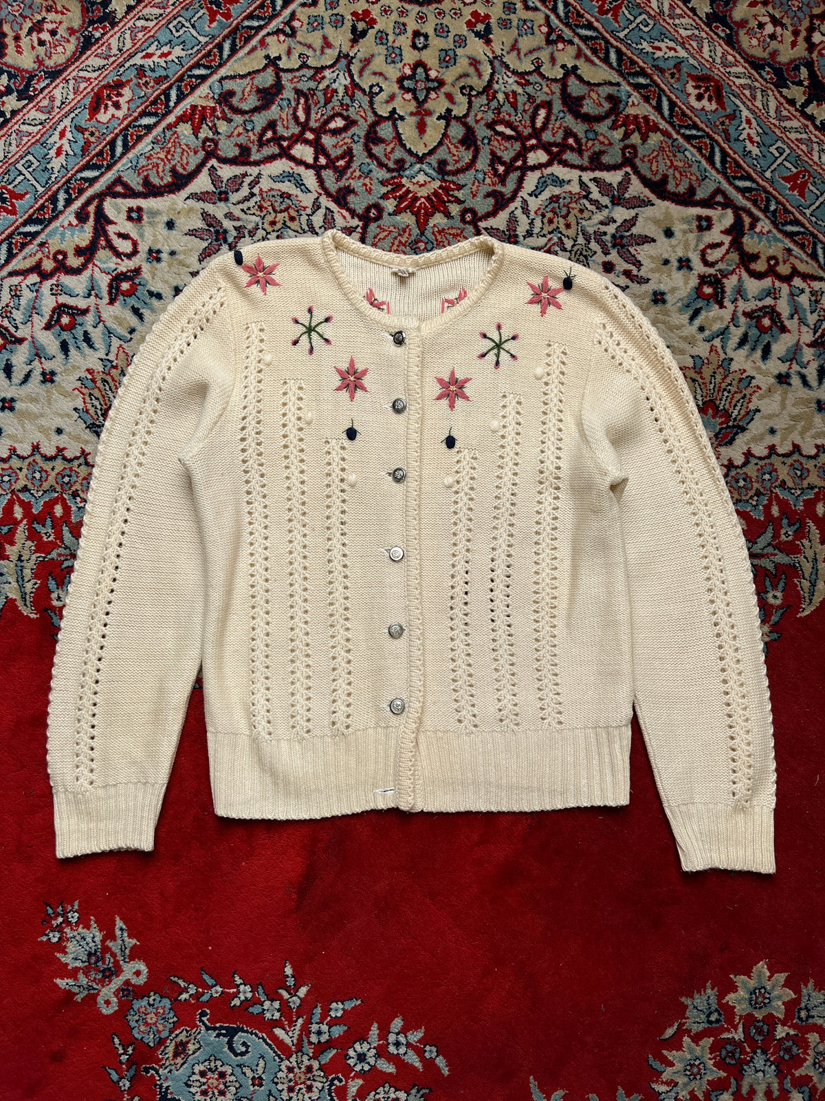 Vintage Women Cream Floral Embroidered Pointelle Knit Cardigan - M