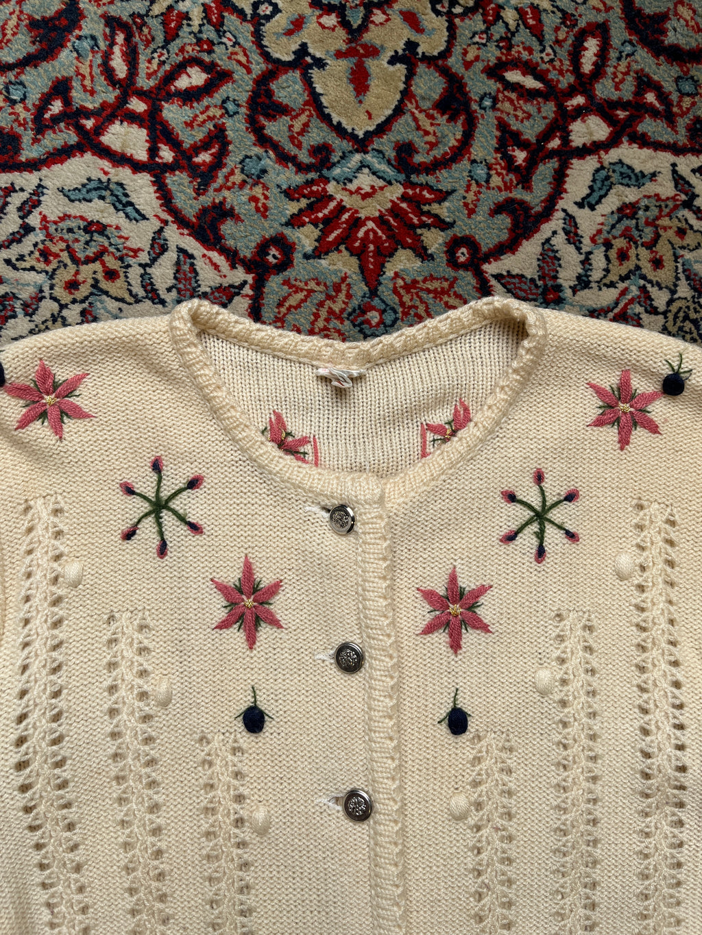 Vintage Women Cream Floral Embroidered Pointelle Knit Cardigan - M