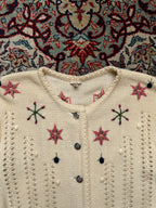 Vintage Women Cream Floral Embroidered Pointelle Knit Cardigan - M