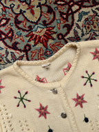 Vintage Women Cream Floral Embroidered Pointelle Knit Cardigan - M