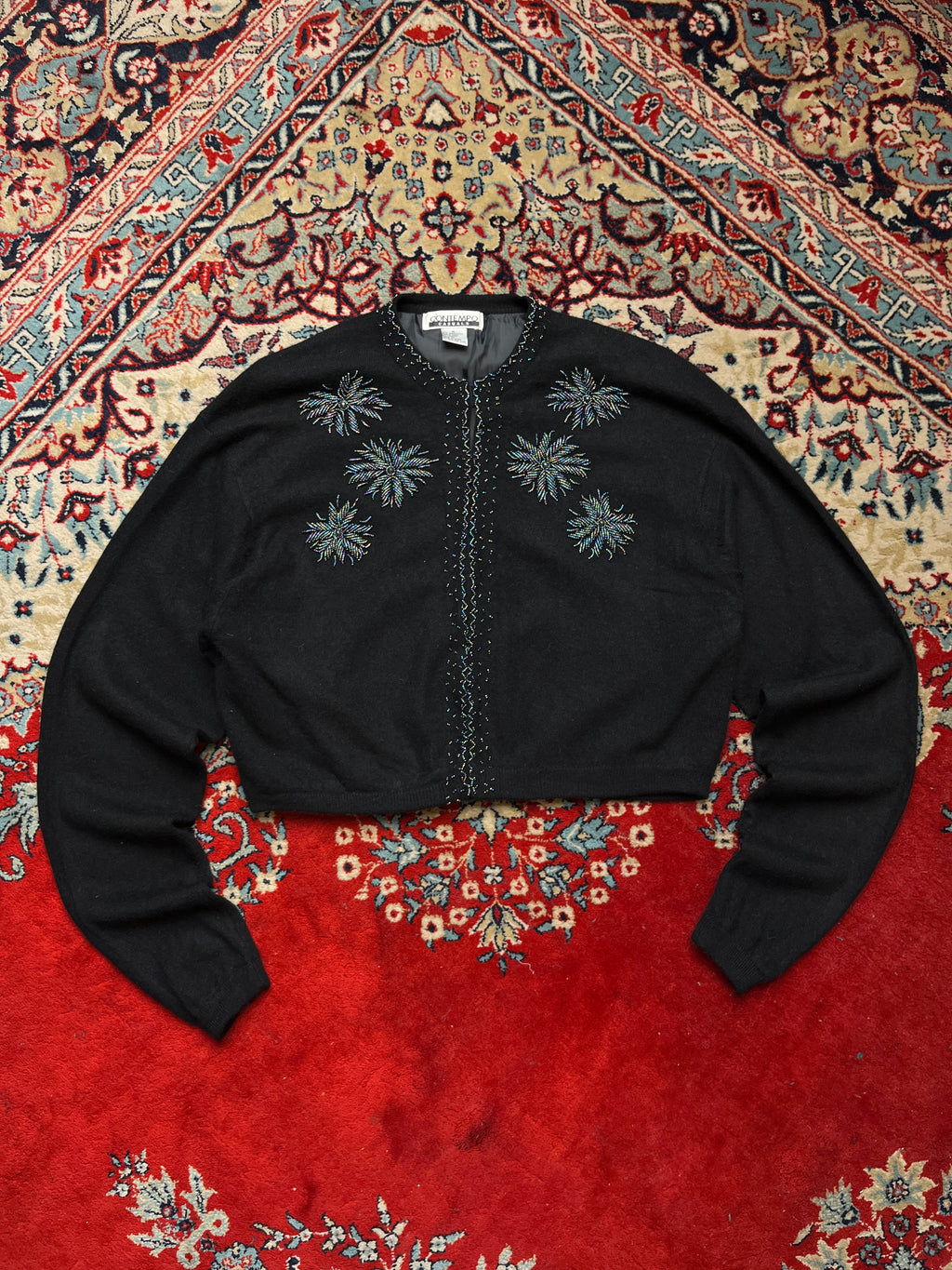 Vintage Contempo Casuals Black Beaded Lambswool Angora Blend Cropped Cardigan - M
