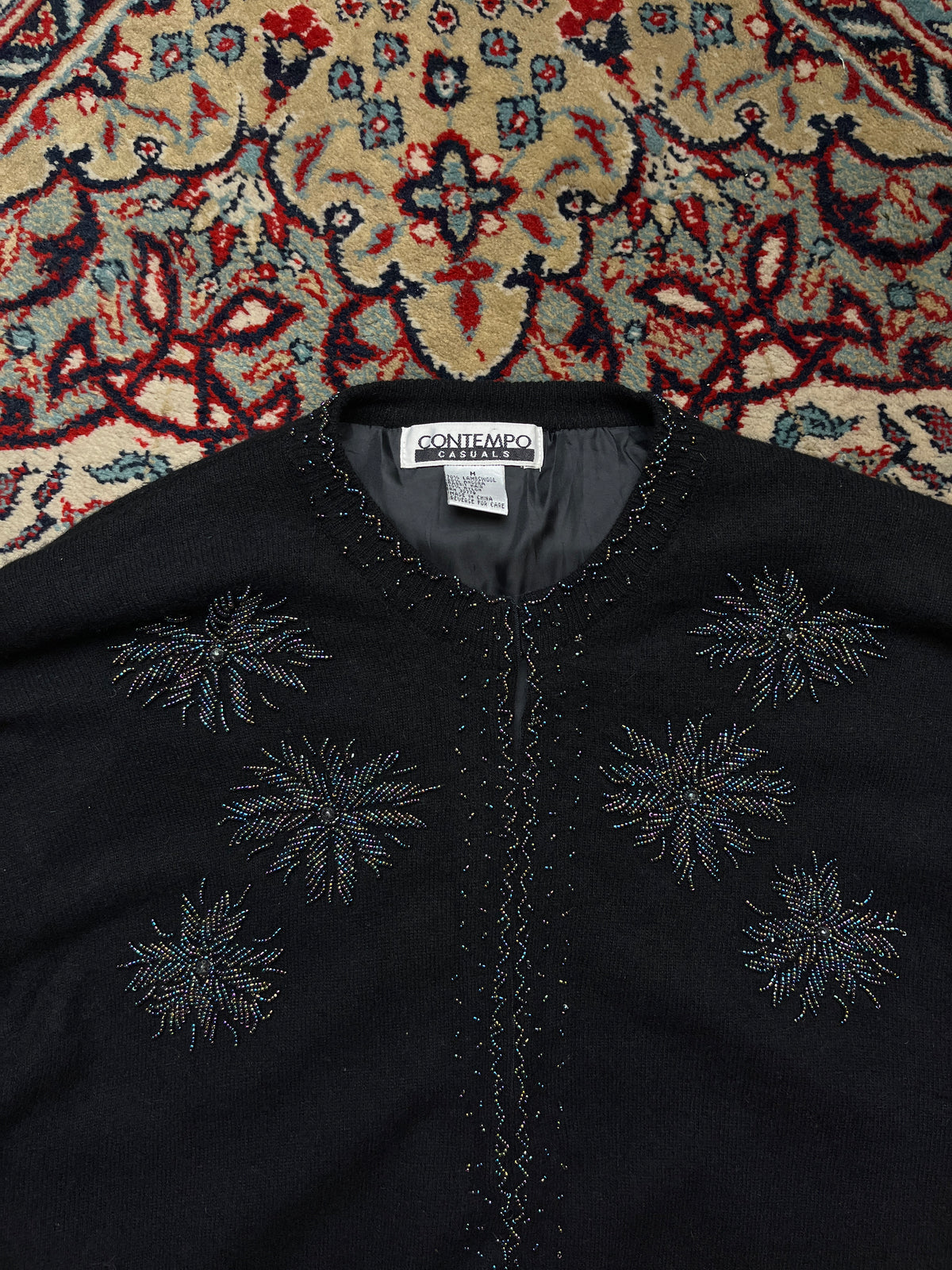 Vintage Contempo Casuals Black Beaded Lambswool Angora Blend Cropped Cardigan - M