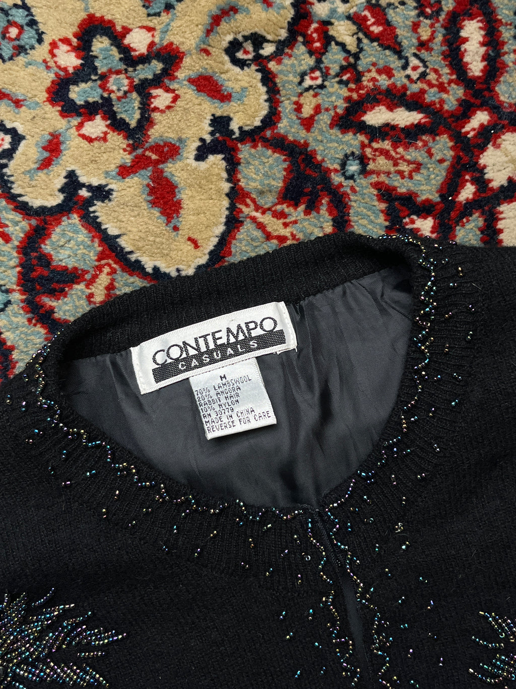 Vintage Contempo Casuals Black Beaded Lambswool Angora Blend Cropped Cardigan - M