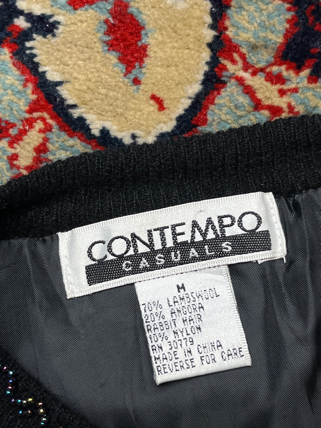 Vintage Contempo Casuals Black Beaded Lambswool Angora Blend Cropped Cardigan - M