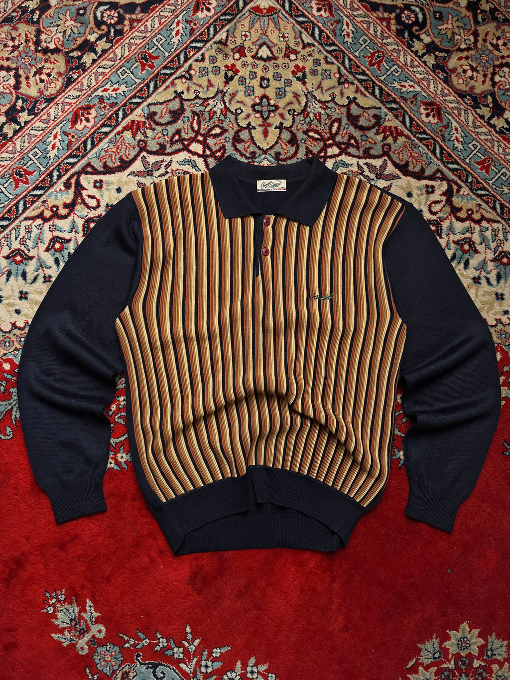 Vintage Crocodile Navy Brown Vertical Striped Button Polo Collar Knit Sweater -