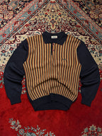 Vintage Crocodile Navy Brown Vertical Striped Button Polo Collar Knit Sweater -