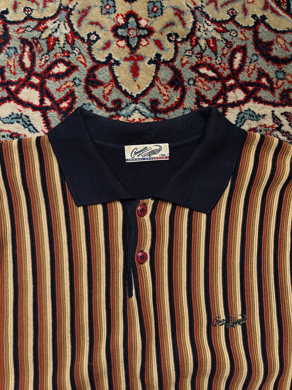 Vintage Crocodile Navy Brown Vertical Striped Button Polo Collar Knit Sweater -