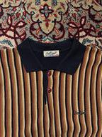 Vintage Crocodile Navy Brown Vertical Striped Button Polo Collar Knit Sweater -