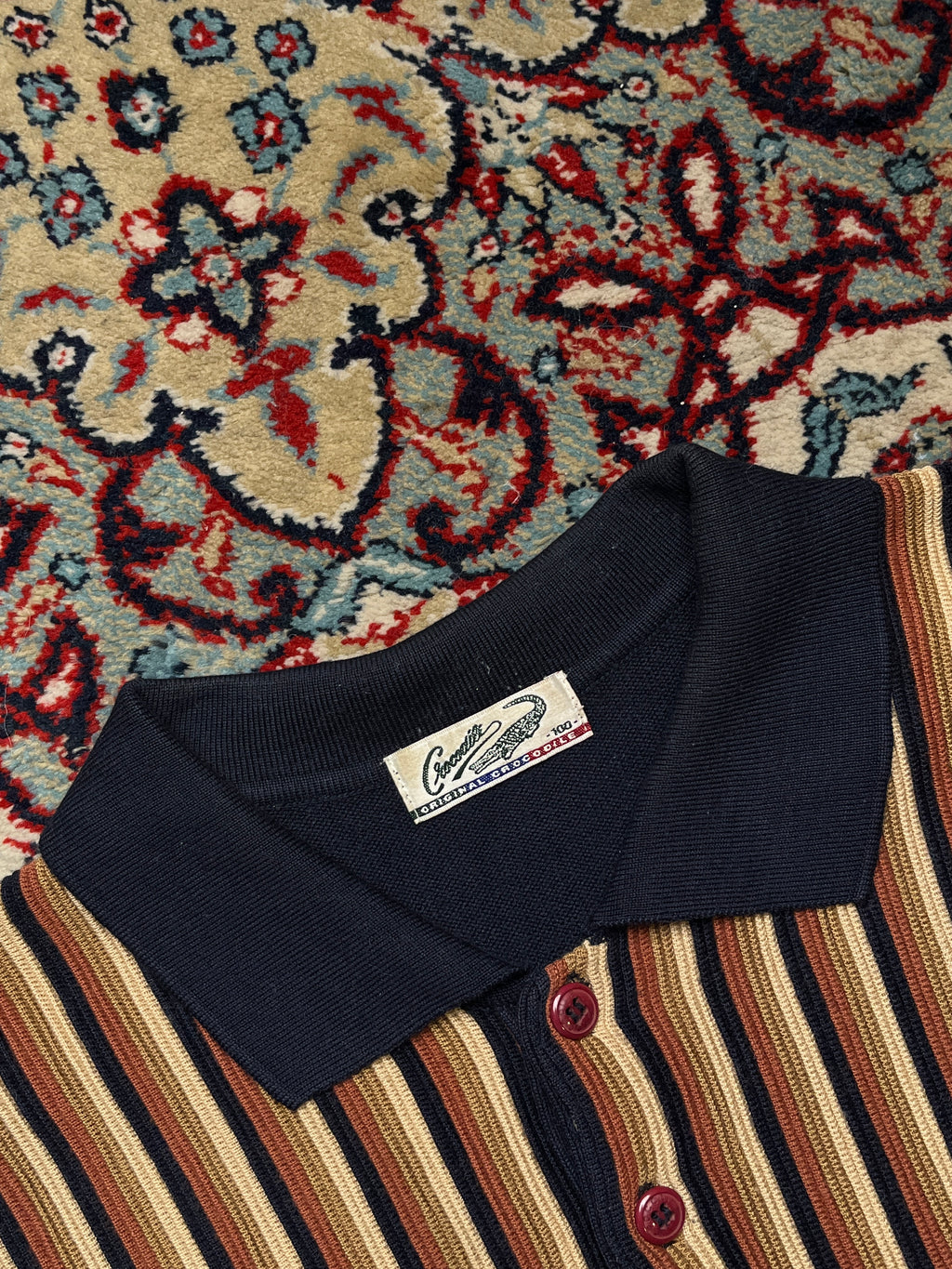 Vintage Crocodile Navy Brown Vertical Striped Button Polo Collar Knit Sweater -