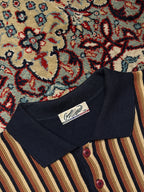 Vintage Crocodile Navy Brown Vertical Striped Button Polo Collar Knit Sweater -