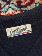Vintage Crocodile Navy Brown Vertical Striped Button Polo Collar Knit Sweater -