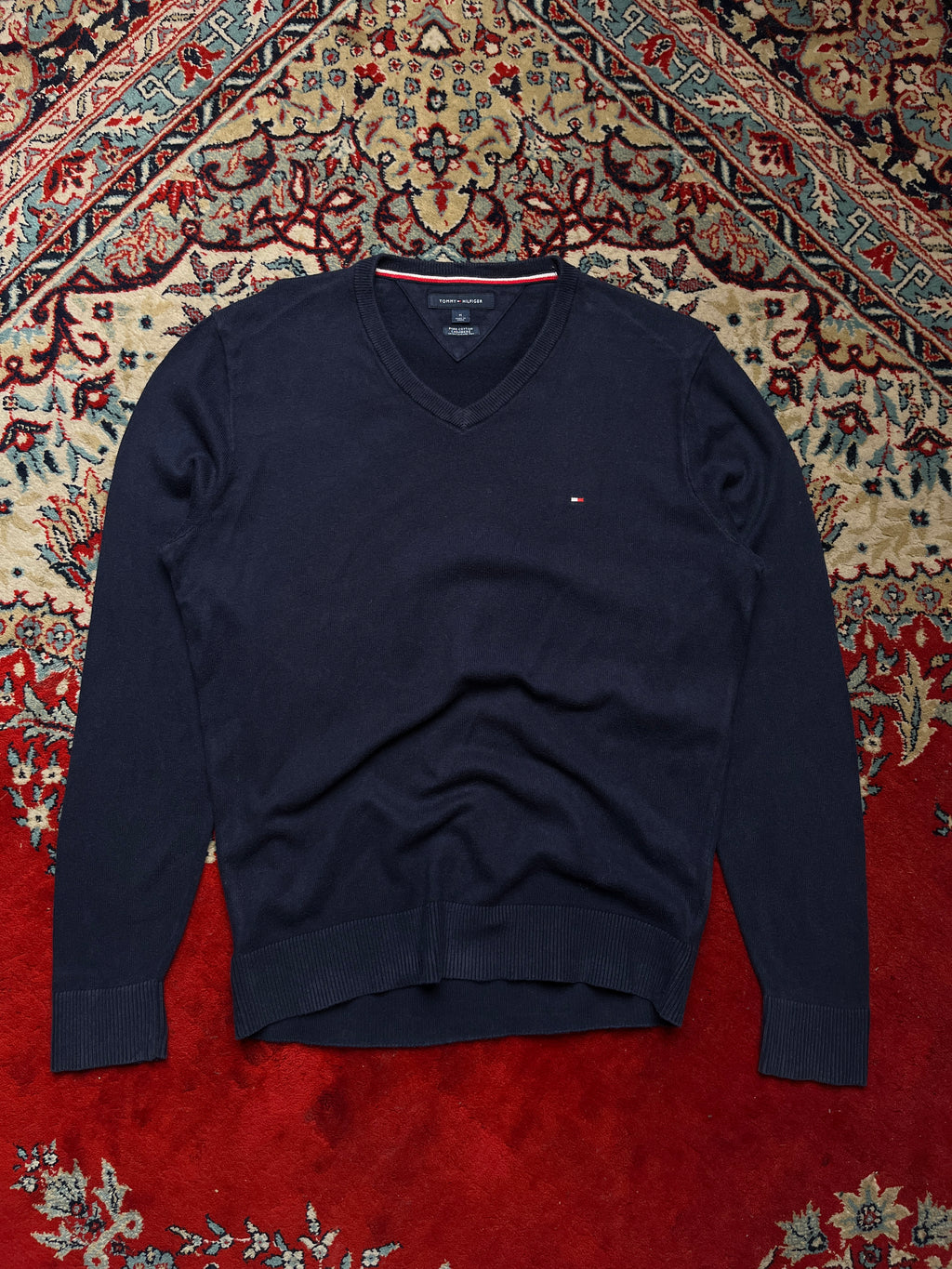 Tommy Hilfiger Navy Blue Pima Cotton Cashmere V-Neck Sweater - M
