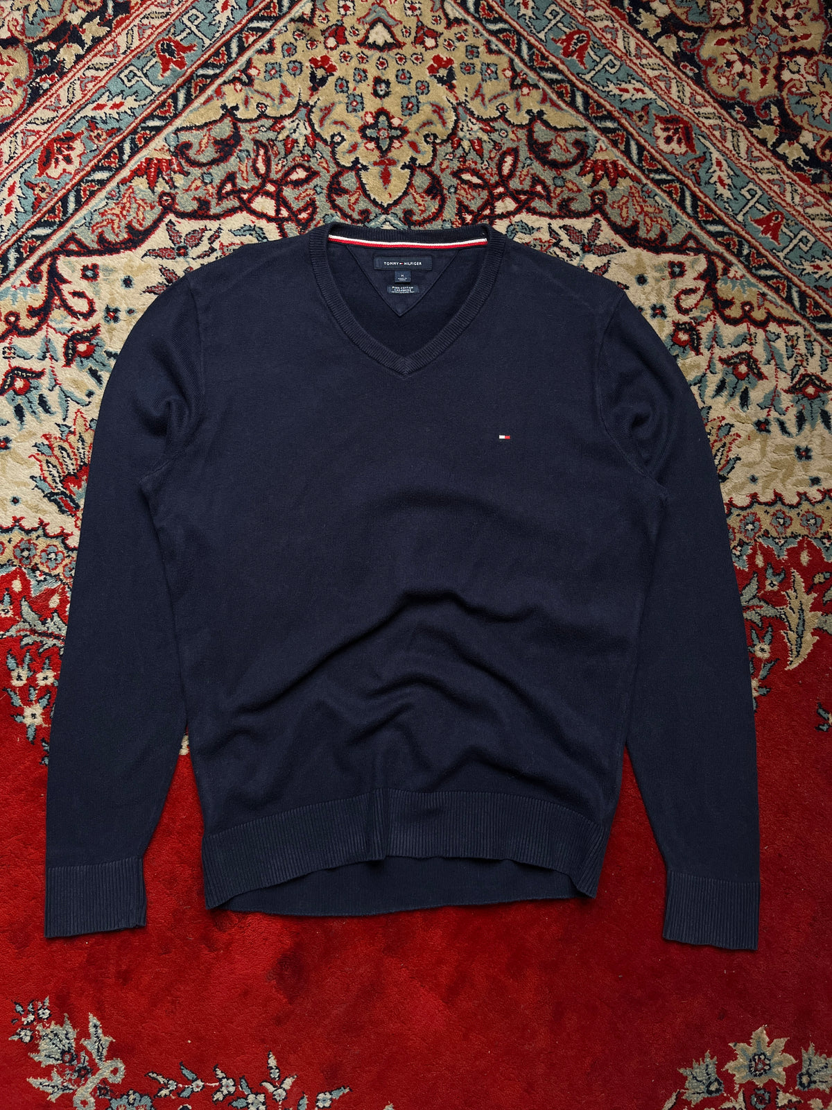 Tommy Hilfiger Navy Blue Pima Cotton Cashmere V-Neck Sweater - M