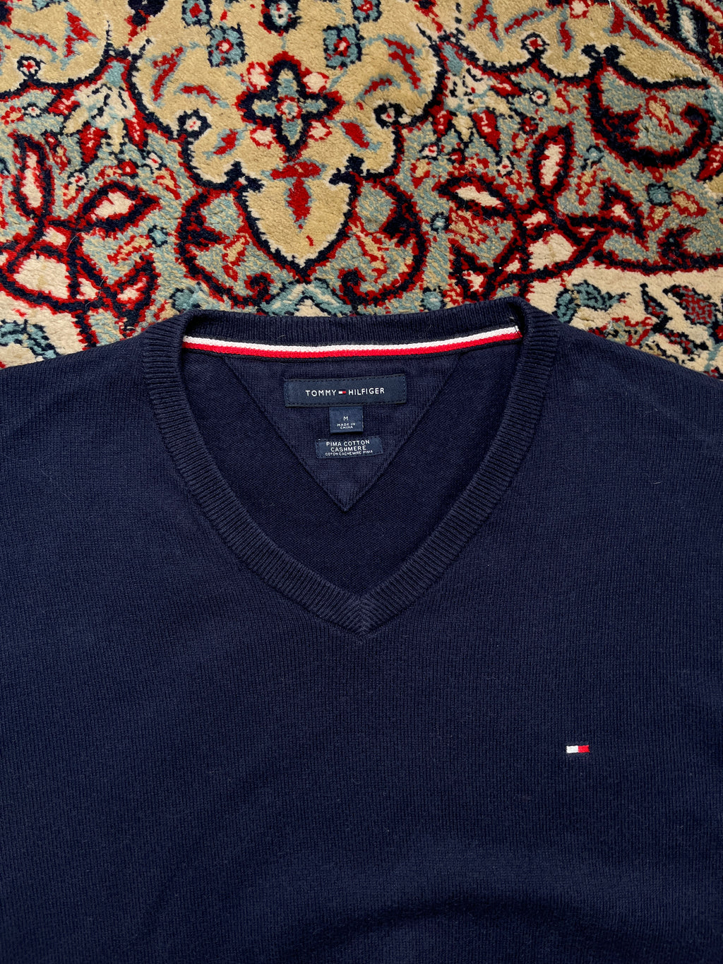 Tommy Hilfiger Navy Blue Pima Cotton Cashmere V-Neck Sweater - M