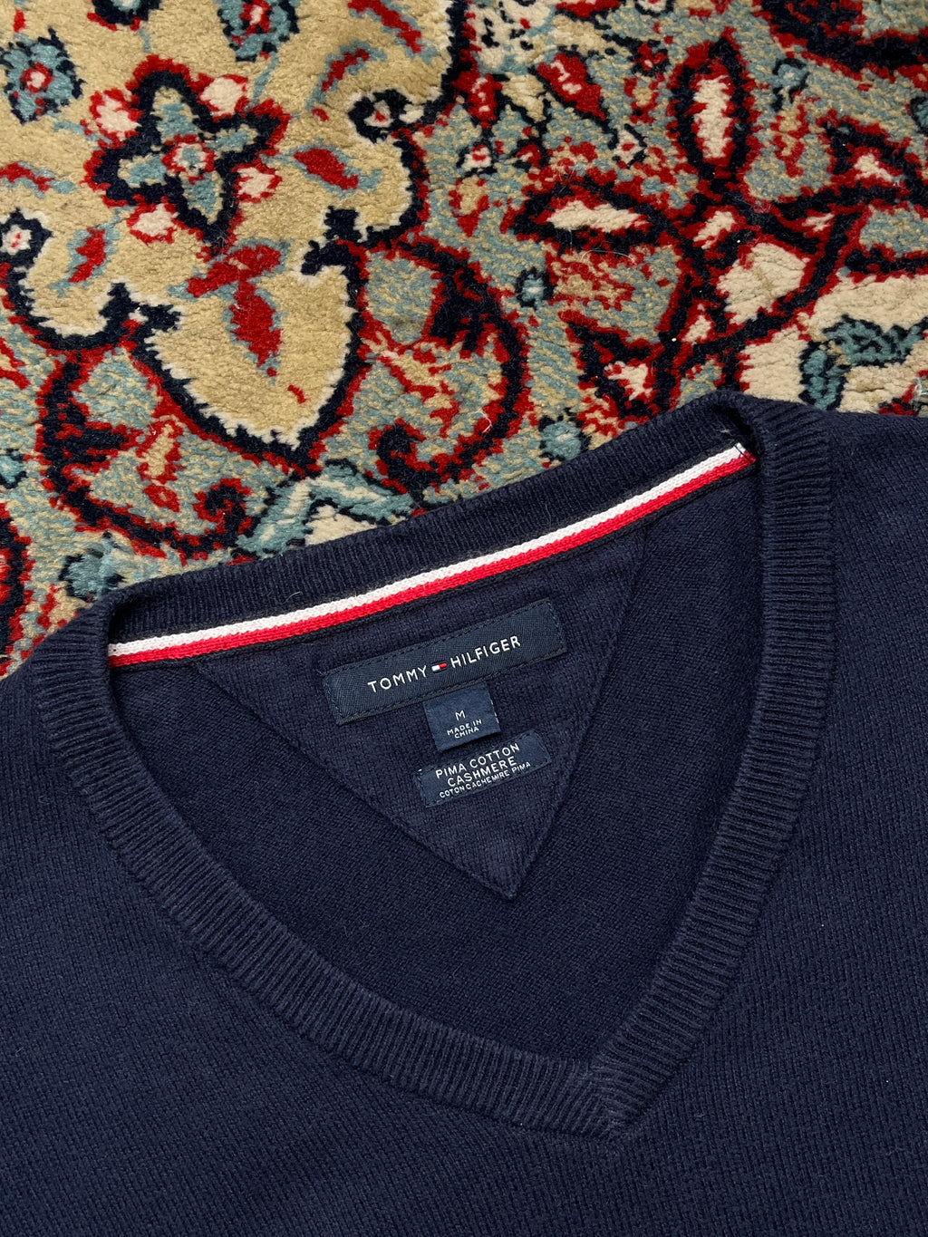 Tommy Hilfiger Navy Blue Pima Cotton Cashmere V-Neck Sweater - M
