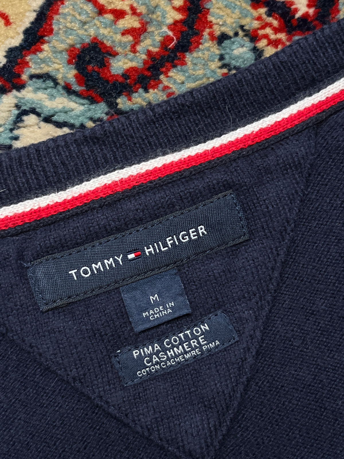 Tommy Hilfiger Navy Blue Pima Cotton Cashmere V-Neck Sweater - M