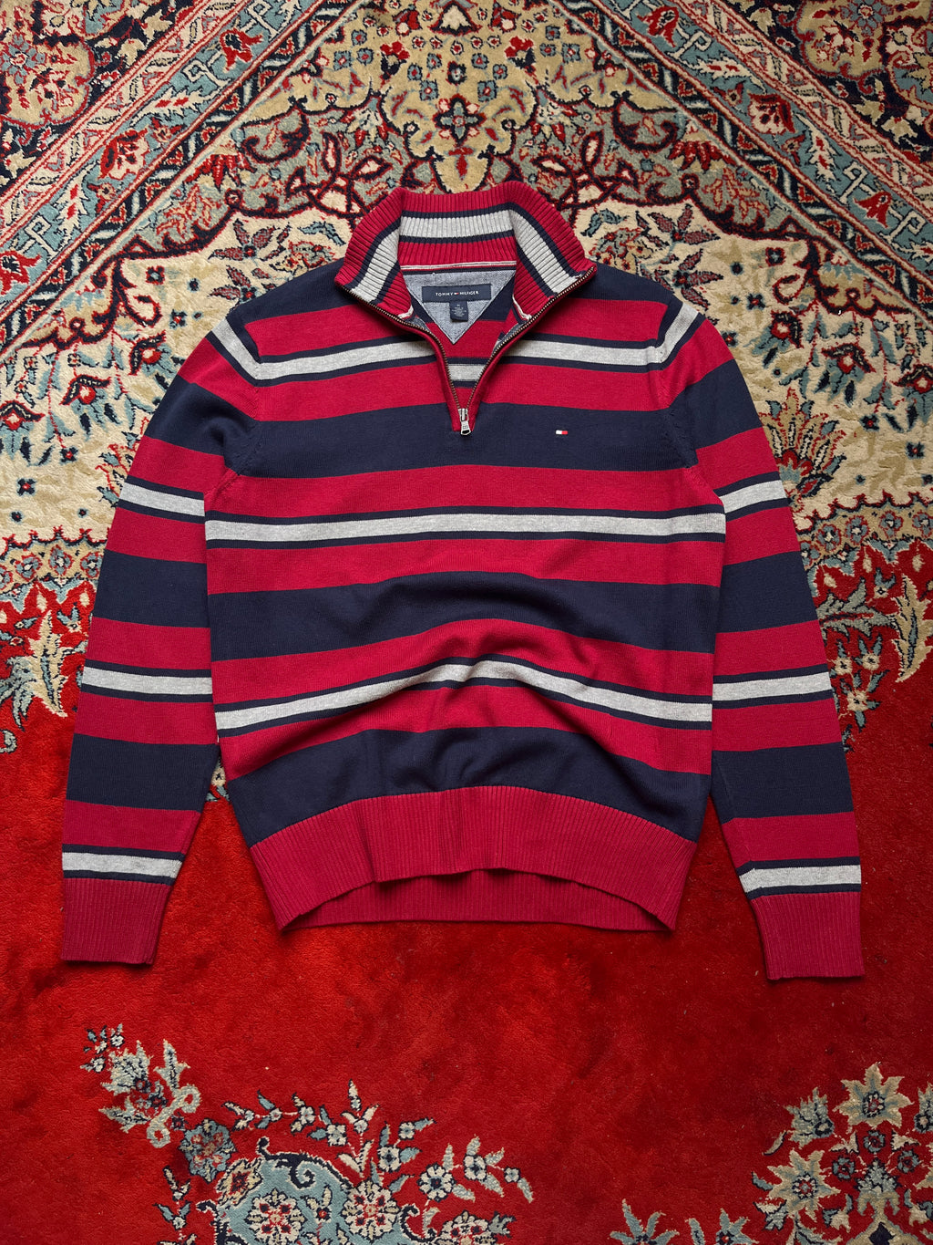 Tommy Hilfiger Striped Cotton Quarter Zip Knit Sweater - S