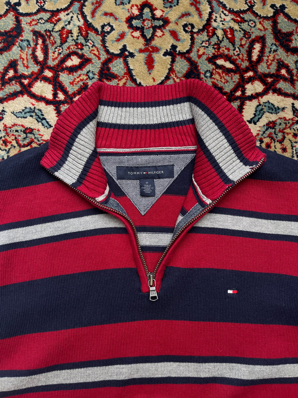 Tommy Hilfiger Striped Cotton Quarter Zip Knit Sweater - S