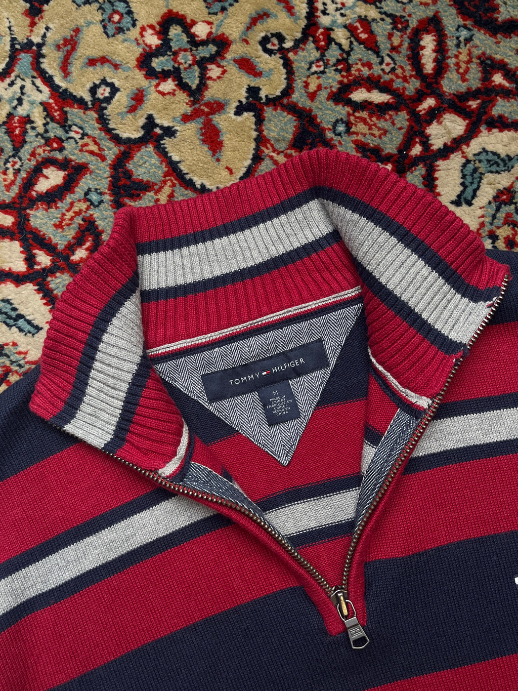 Tommy Hilfiger Striped Cotton Quarter Zip Knit Sweater - S