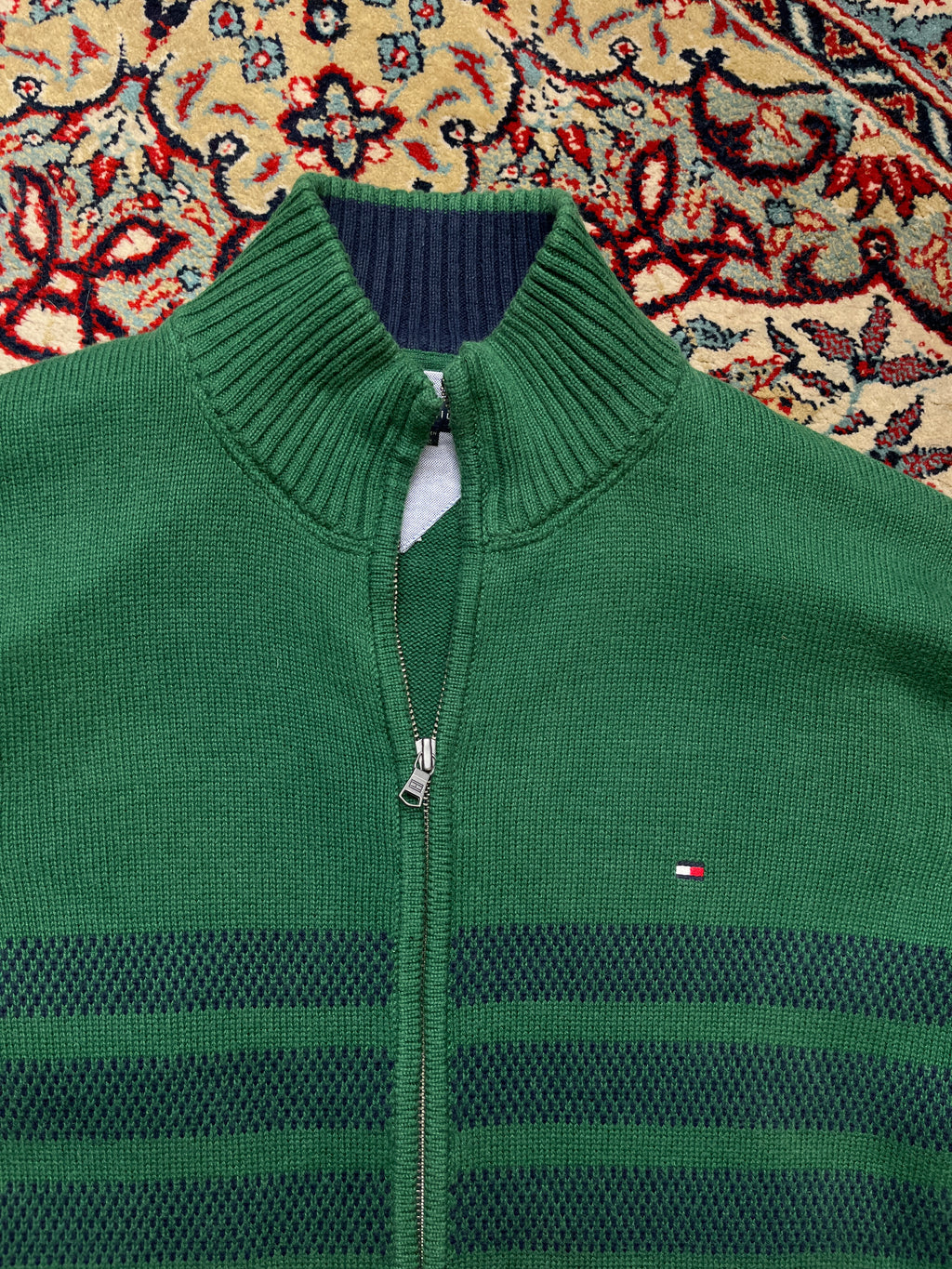 Tommy Hilfiger Green Striped Cotton Full Zip Knit Cardigan - L