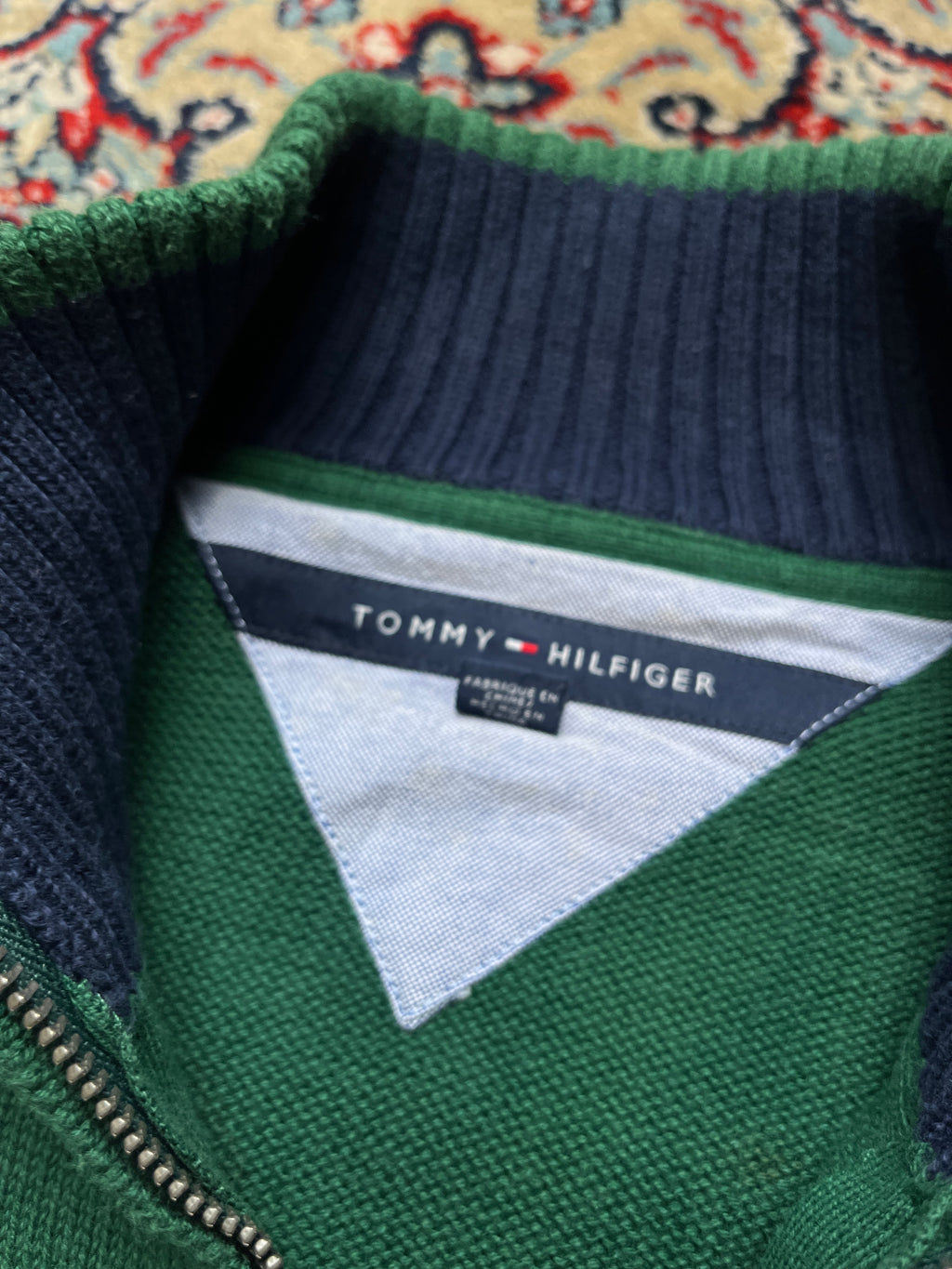Tommy Hilfiger Green Striped Cotton Full Zip Knit Cardigan - L