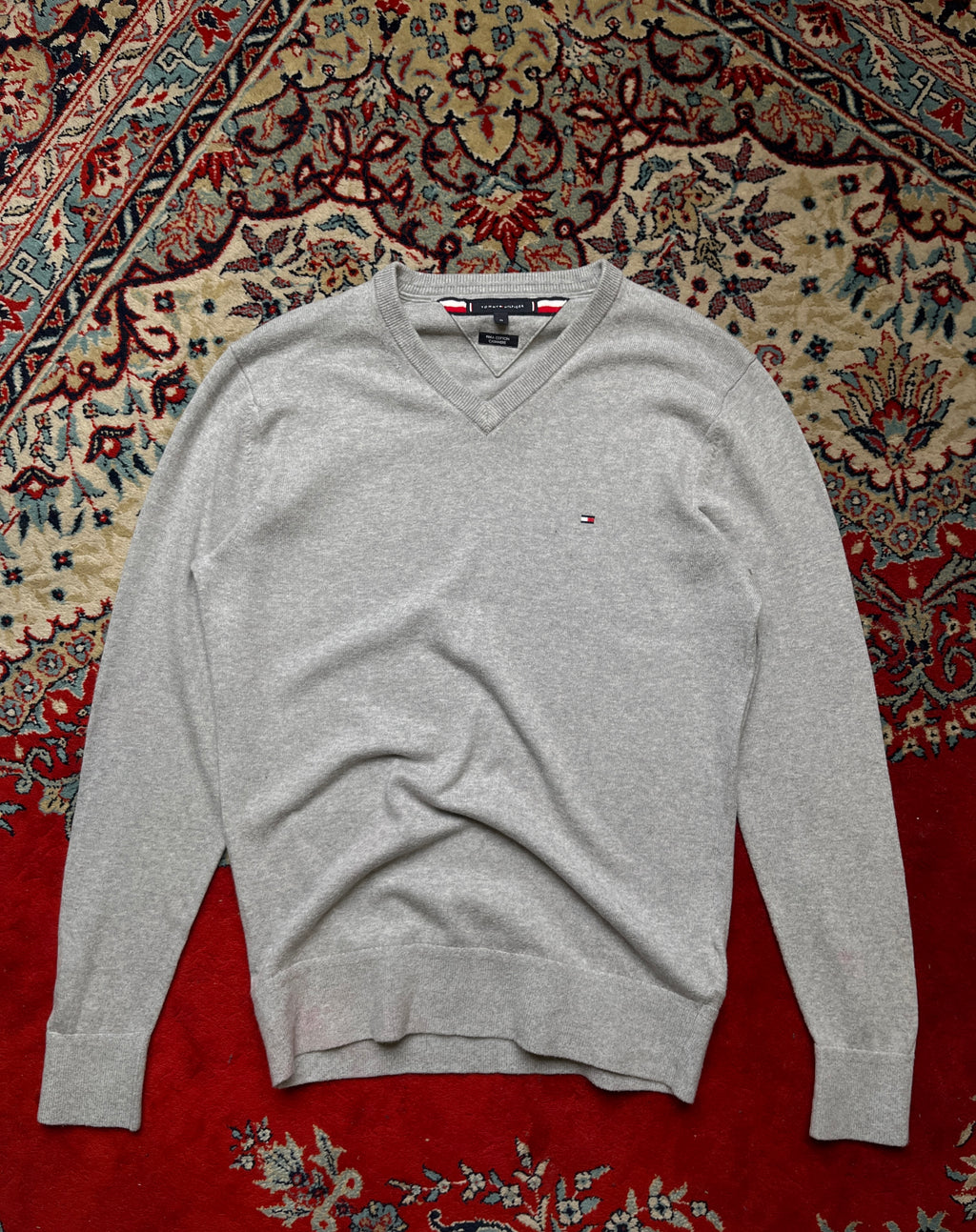 Tommy Hilfiger Heather Grey Pima Cotton Cashmere V-Neck Sweater - M