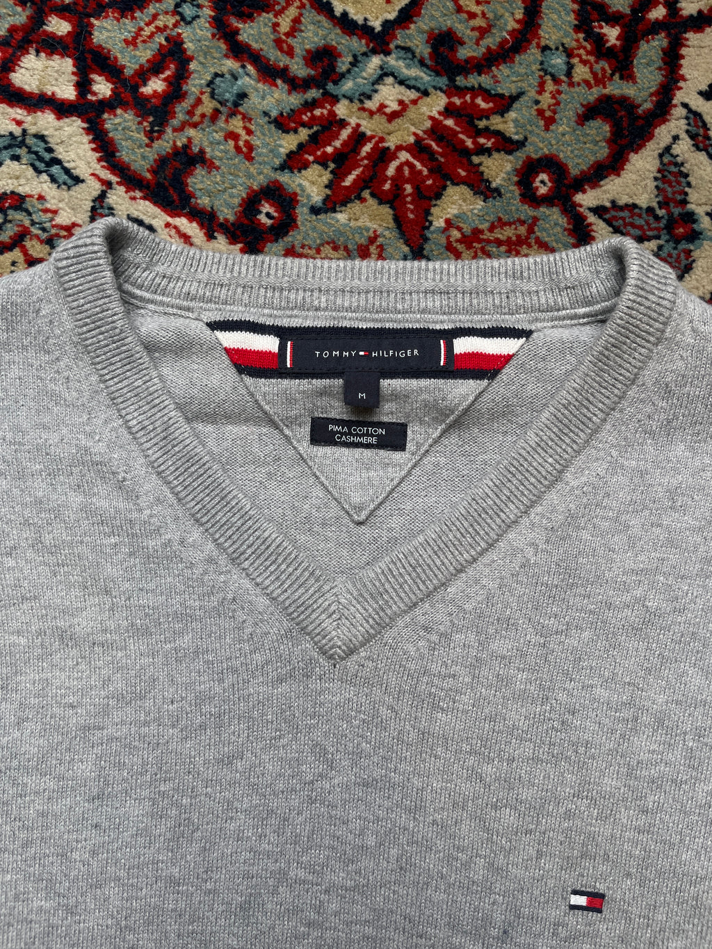 Tommy Hilfiger Heather Grey Pima Cotton Cashmere V-Neck Sweater - M