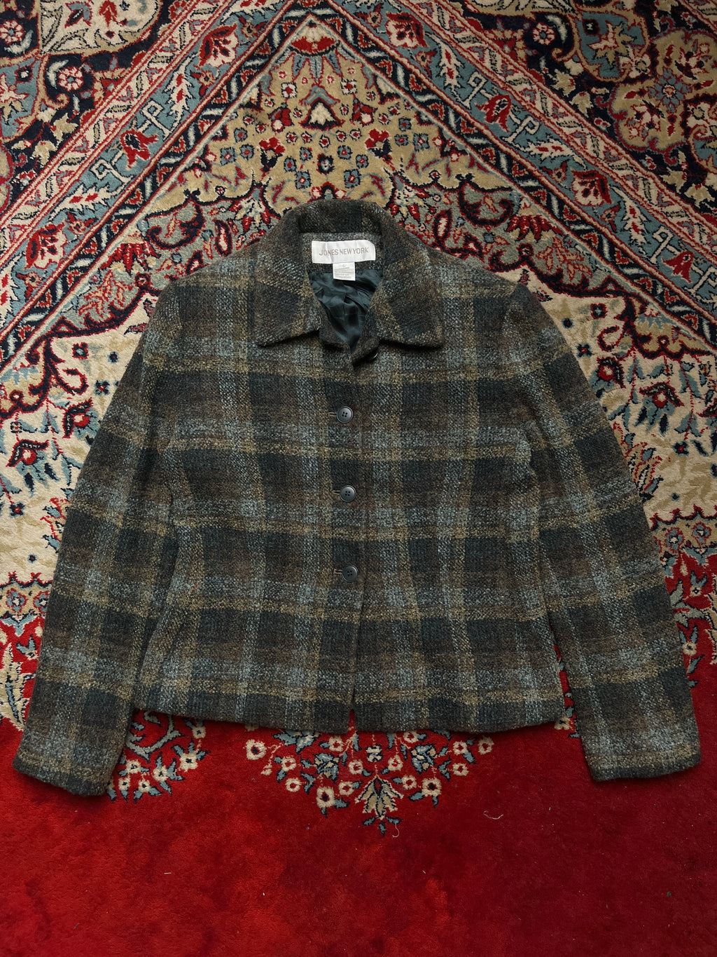 Jones New York Plaid Wool Button Front Tweed Jacket - M