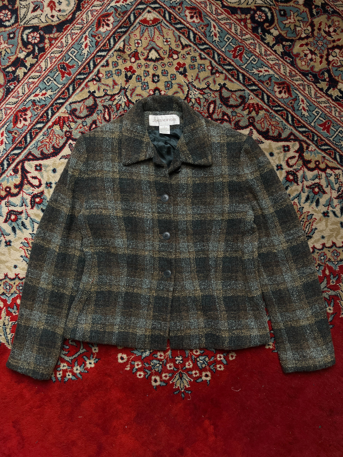Jones New York Plaid Wool Button Front Tweed Jacket - M