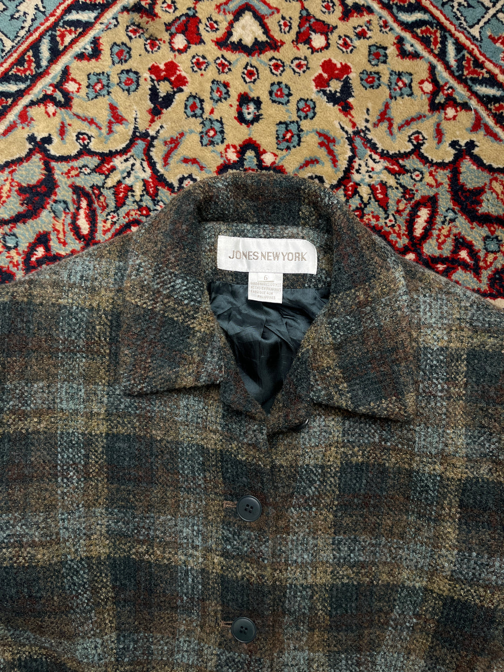 Jones New York Plaid Wool Button Front Tweed Jacket - M