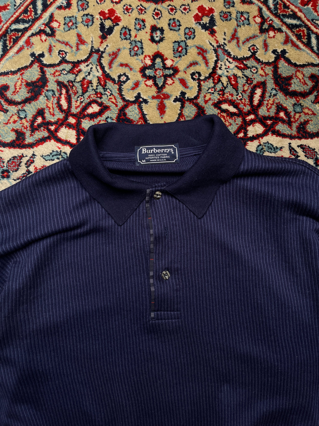 Vintage Burberrys Navy Blue Nova Check Placket Ribbed Knit Polo Sweater - L