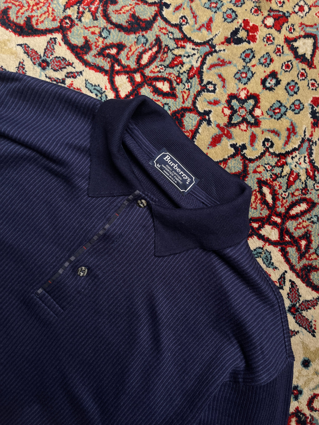 Vintage Burberrys Navy Blue Nova Check Placket Ribbed Knit Polo Sweater - L