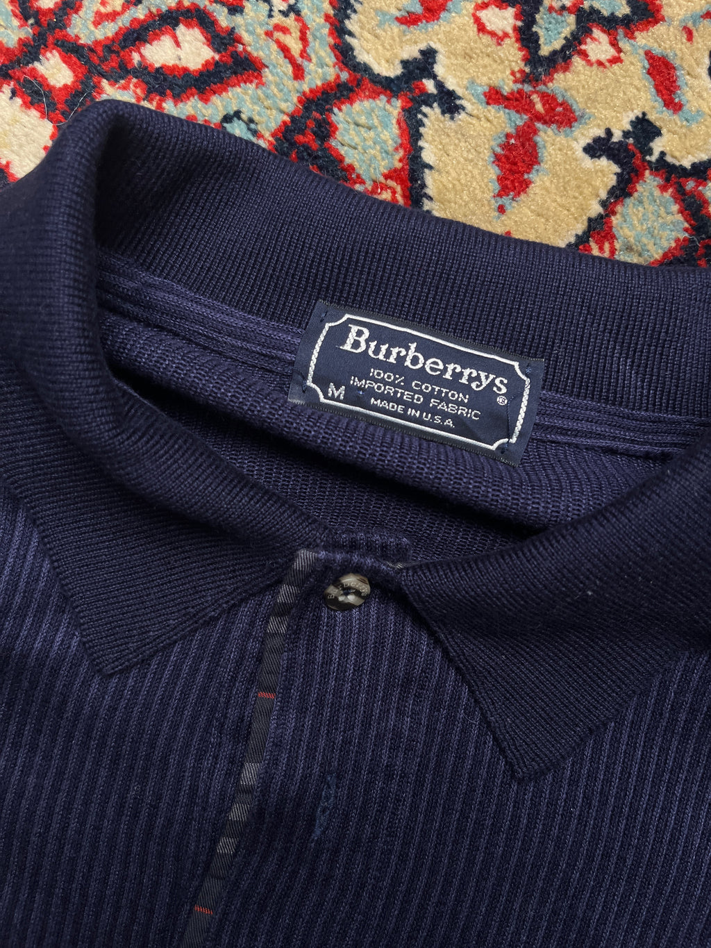 Vintage Burberrys Navy Blue Nova Check Placket Ribbed Knit Polo Sweater - L