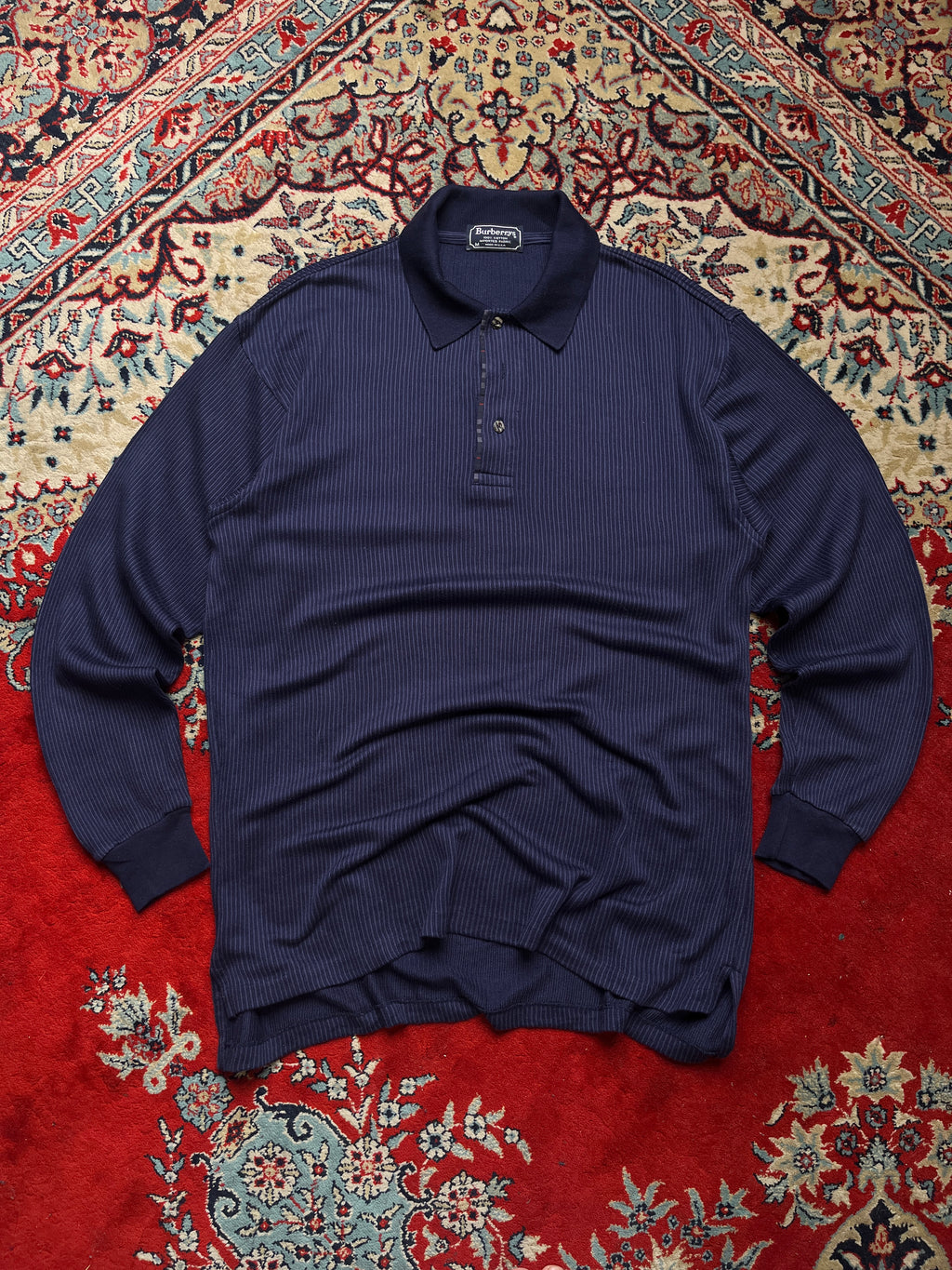 Vintage Burberrys Navy Blue Nova Check Placket Ribbed Knit Polo Sweater - L