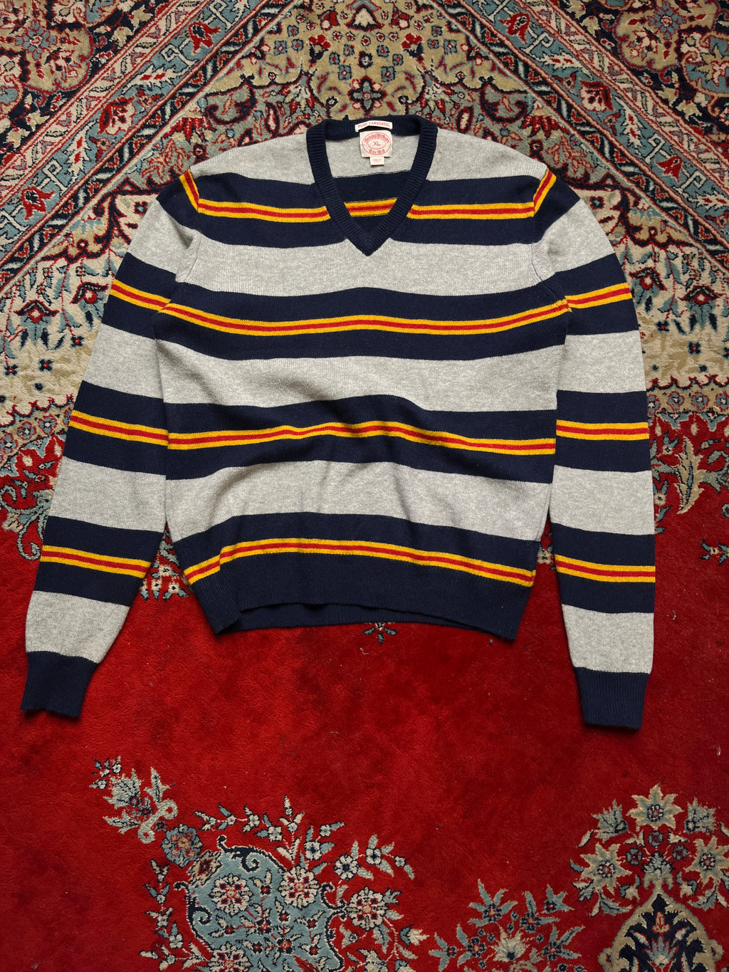 Brooks Brothers Striped Pure Lambswool V-Neck Sweater - L