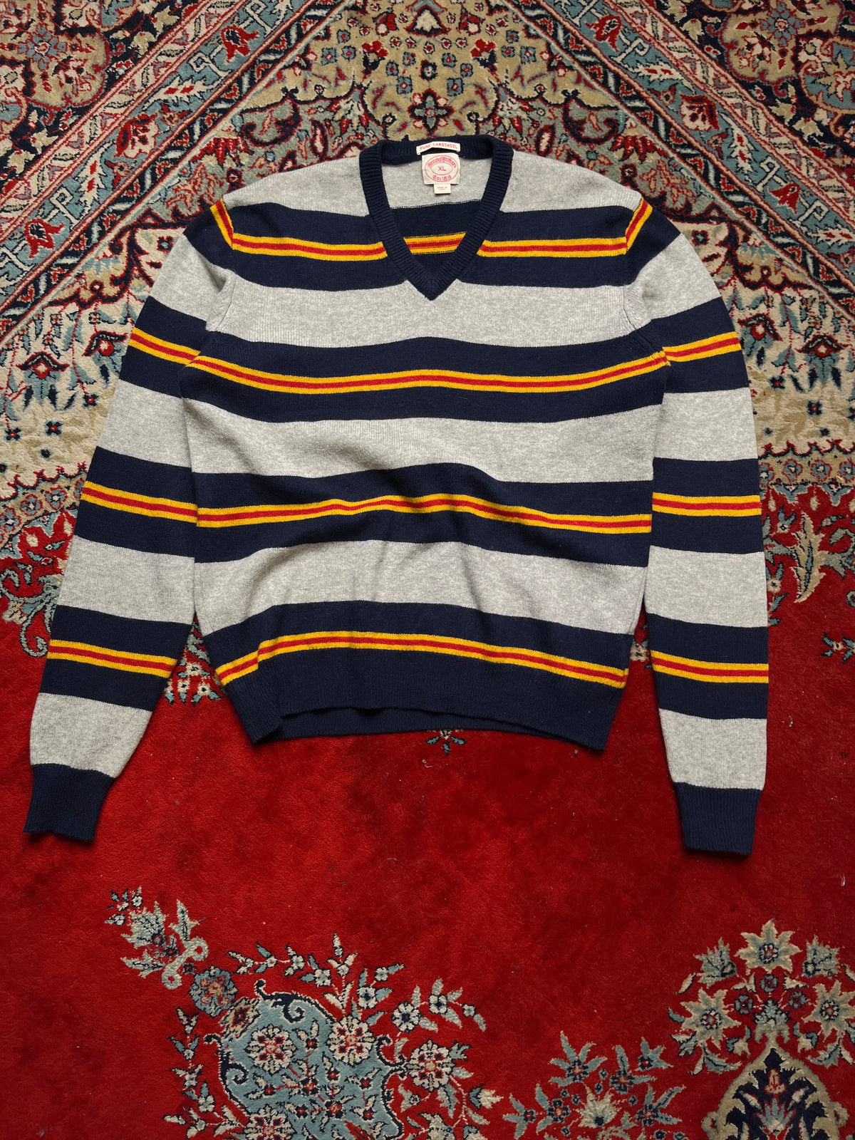 Brooks Brothers Striped Pure Lambswool V-Neck Sweater - L