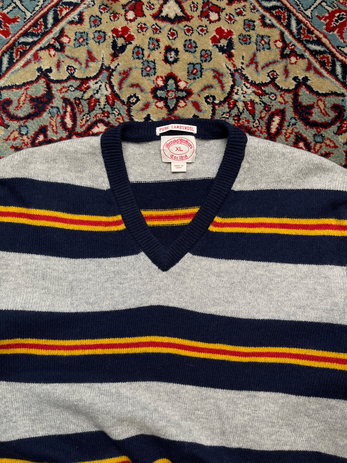 Brooks Brothers Striped Pure Lambswool V-Neck Sweater - L