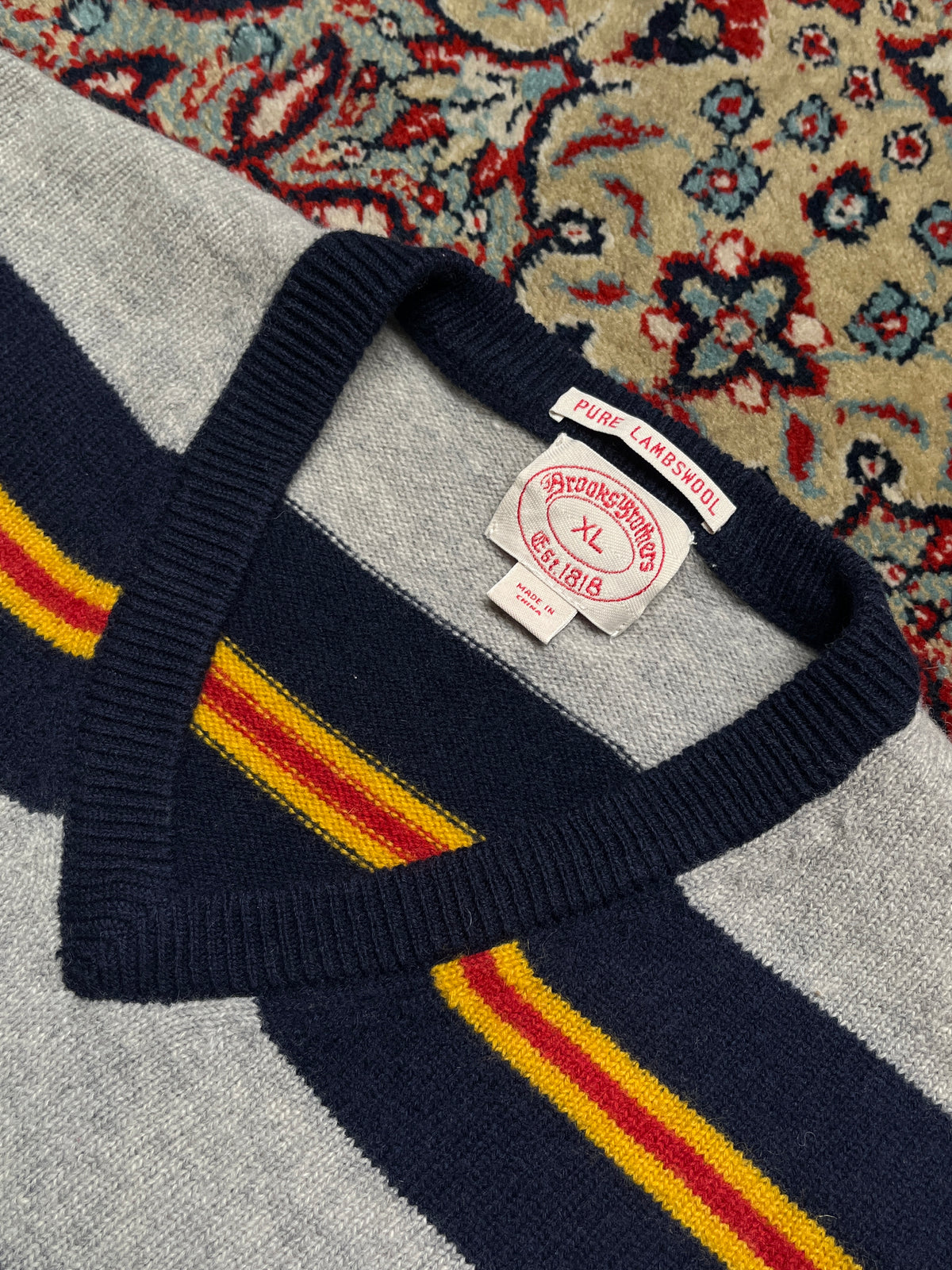 Brooks Brothers Striped Pure Lambswool V-Neck Sweater - L
