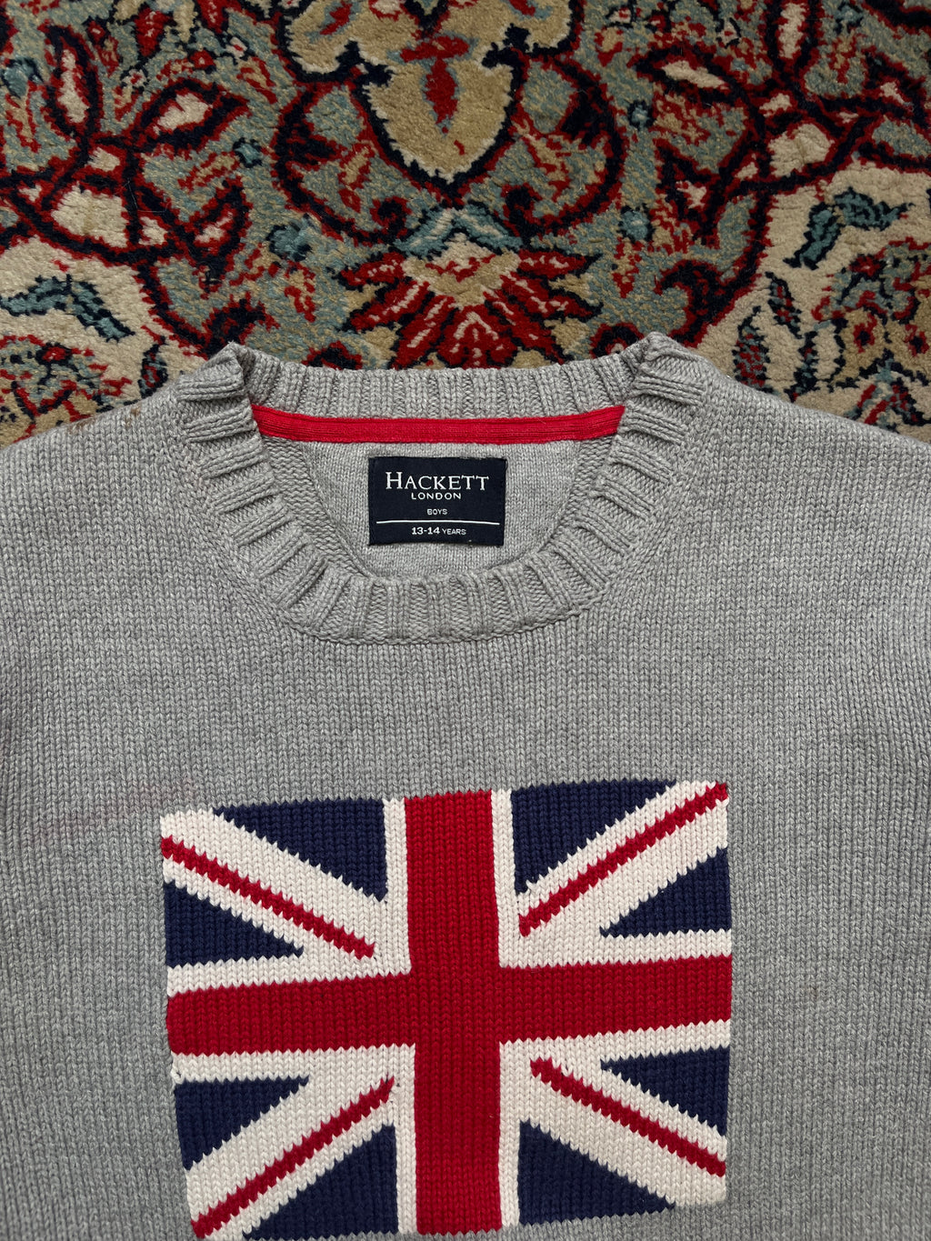 Hackett London Grey Cotton Union Jack Knit Crewneck Sweater - S