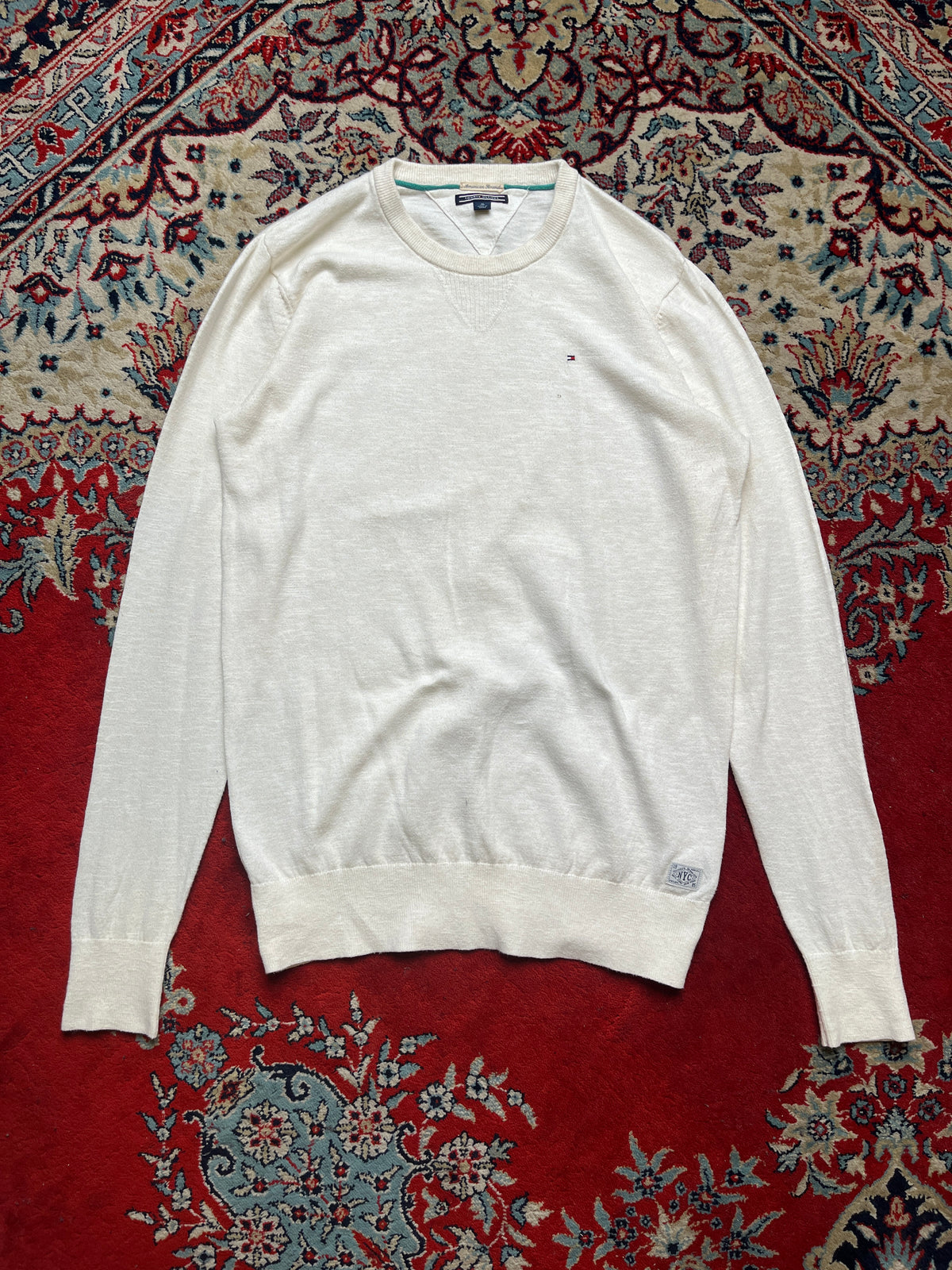 Tommy Hilfiger Cream Cotton Embroidered Flag Crewneck Sweater - L