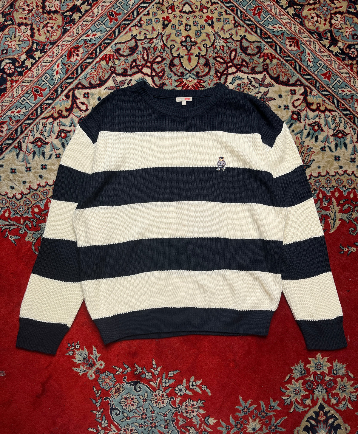 SPAO Trensic Navy Striped Chunky Knit Crewneck Sweater - XL