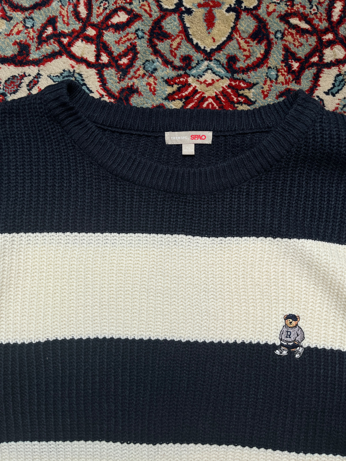 SPAO Trensic Navy Striped Chunky Knit Crewneck Sweater - XL
