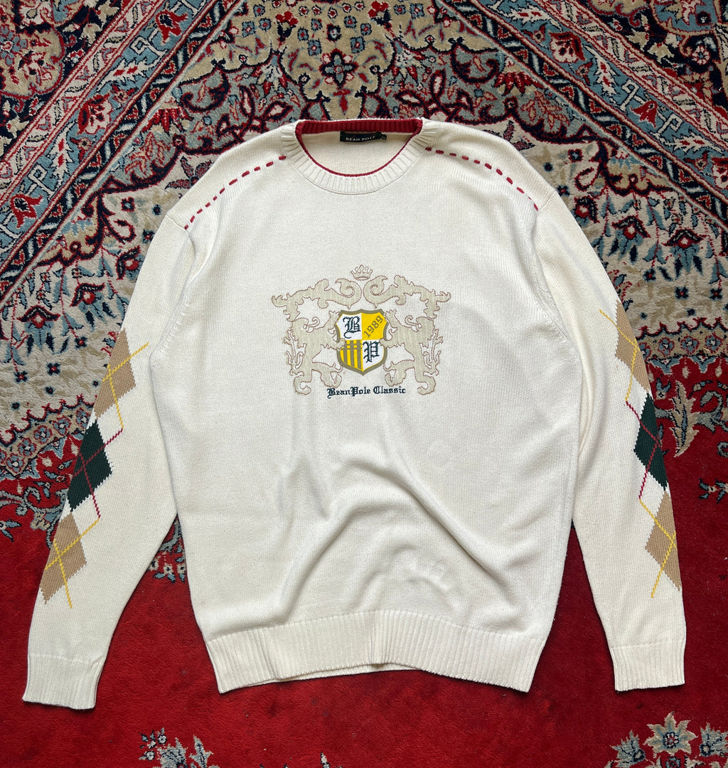 Vintage Bean Pole Classic Cream Argyle Crest Knit Crewneck Sweater - L
