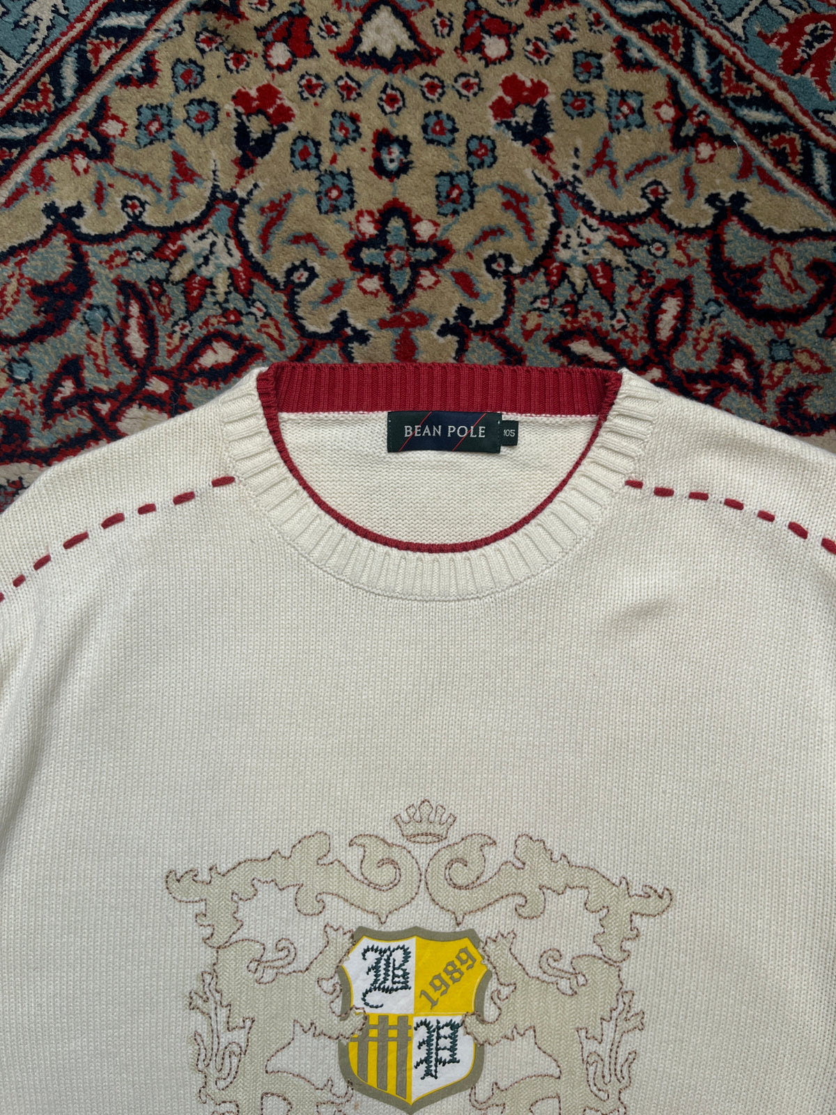 Vintage Bean Pole Classic Cream Argyle Crest Knit Crewneck Sweater - L