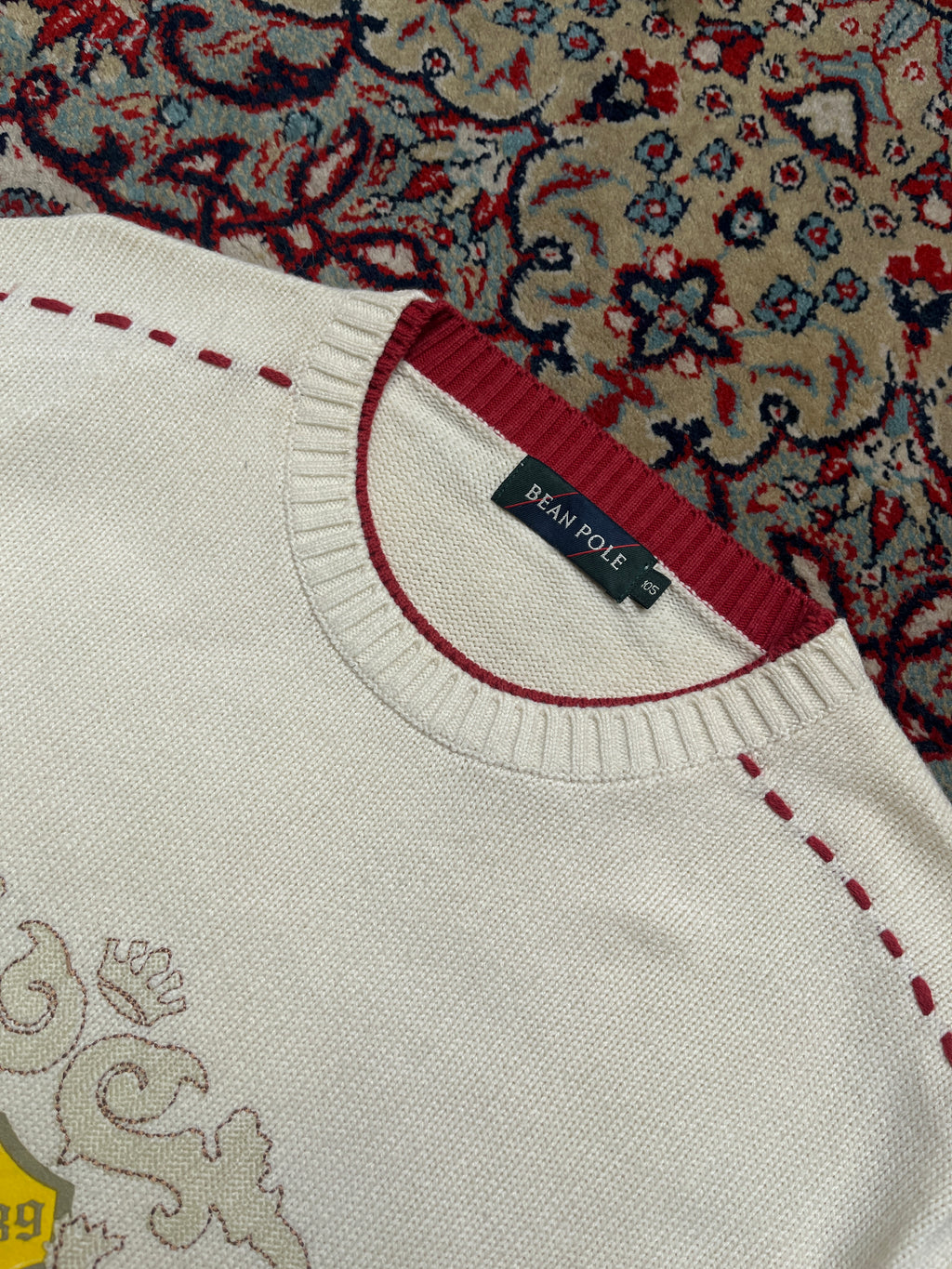 Vintage Bean Pole Classic Cream Argyle Crest Knit Crewneck Sweater - L