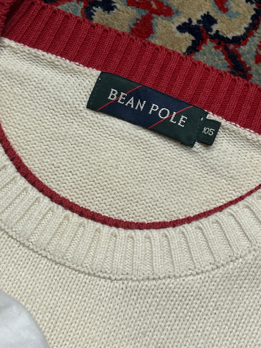 Vintage Bean Pole Classic Cream Argyle Crest Knit Crewneck Sweater - L