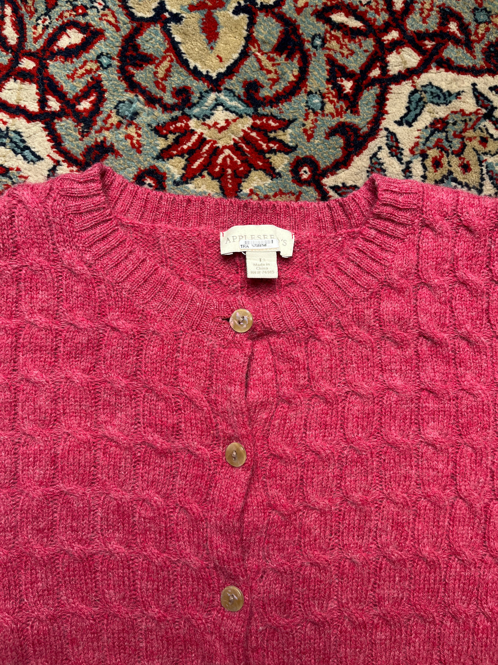 Appleseed's Pink Wool Cable Knit Cardigan - L